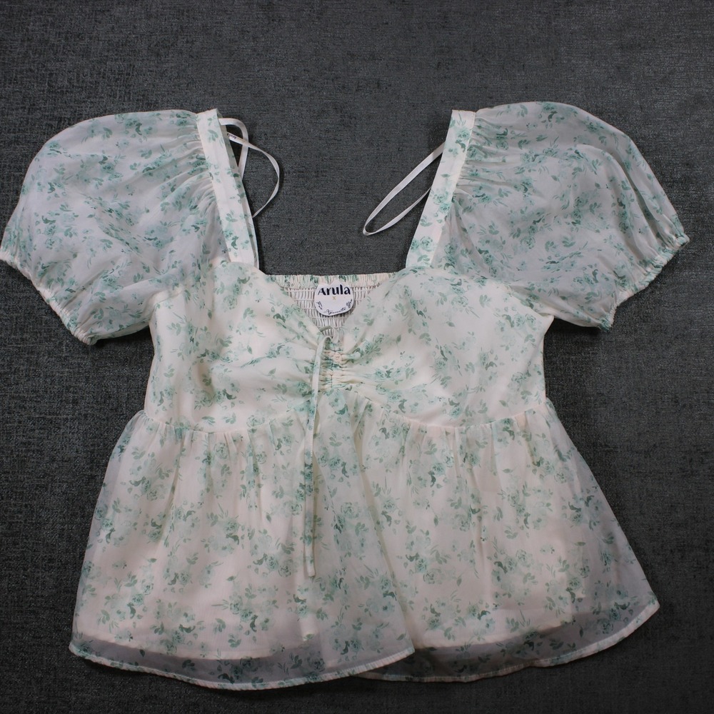 Arula Floral Puff Sleeve Peplum Top Sage Green White‎ Smocked Back Sweetheart